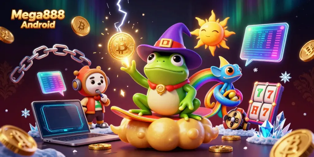 Catch the excitement of Mega888 Android with a wizard frog and chameleon in a golden coin storm.