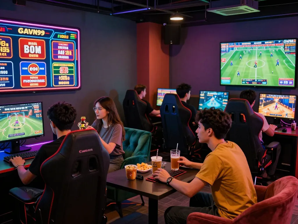 Exciting online gaming scene at GAVN99 with friends enjoying casino and sports betting activities in a vibrant lounge.