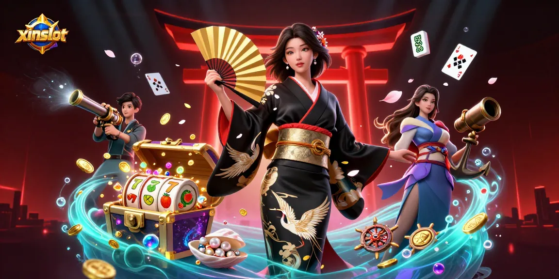 Spin the reels at xinslot, featuring an elegant woman in a kimono among vibrant casino elements.