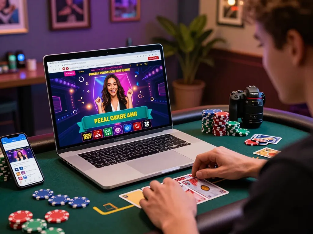 Engaging online gaming atmosphere on https://kuwincom.net/ showcasing a player at a modern virtual casino.