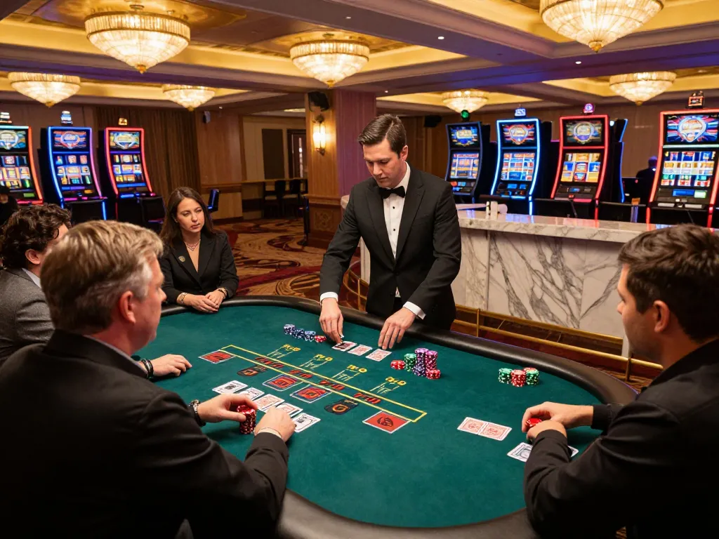Players strategizing at an MK8 blackjack table in a luxurious casino atmosphere.