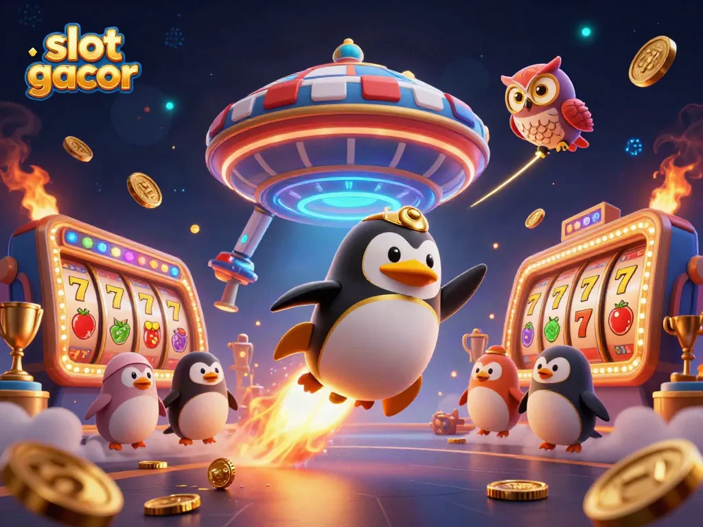 Engage in exhilarating slot gacor gaming with dynamic casino elements and a vibrant 3D penguin.