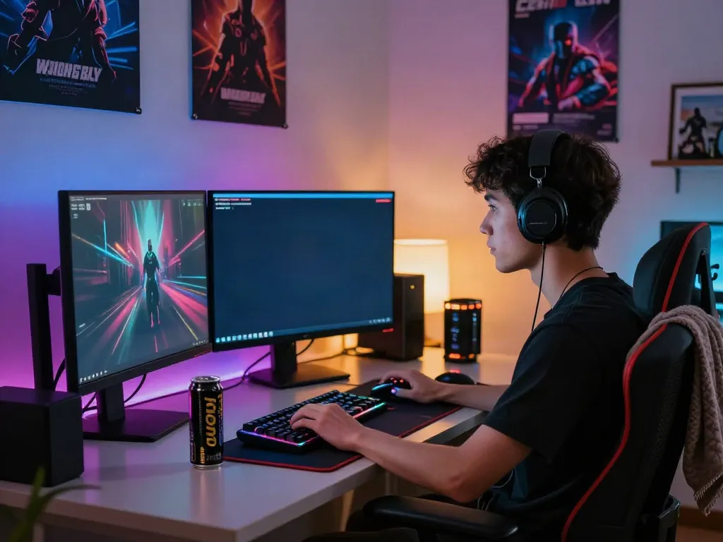 Engaging online gaming setup featuring akunjp-themed display and immersive lighting.