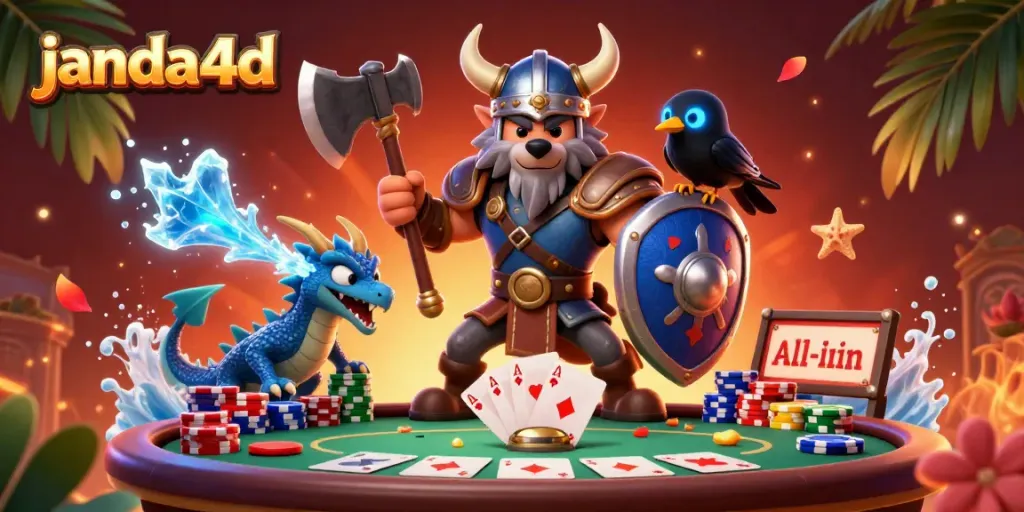 Permainan kartu janda4d dengan karakter Viking dan naga di latar belakang piala poker.