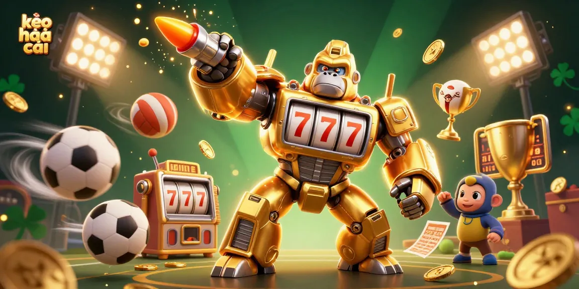Engaging kèo nhà cái gaming scene with dynamic sports elements, golden gorilla mech, and vibrant visuals.