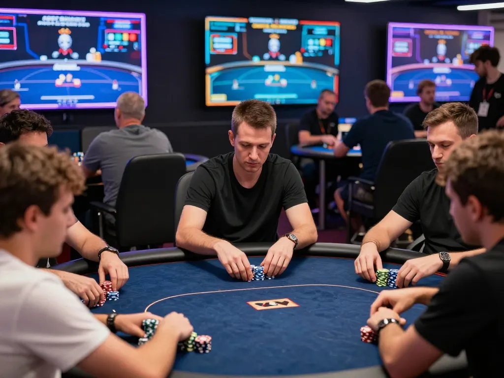 Jeetbuzz players in an intense poker game, showcasing strategic gameplay and vibrant online betting environment.