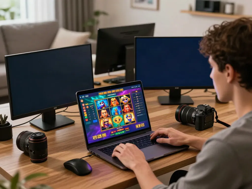Pengalaman judi pragmatic online dengan pengguna yang antusias bermain slot game di laptop, dikelilingi dengan grafik warna-warni.