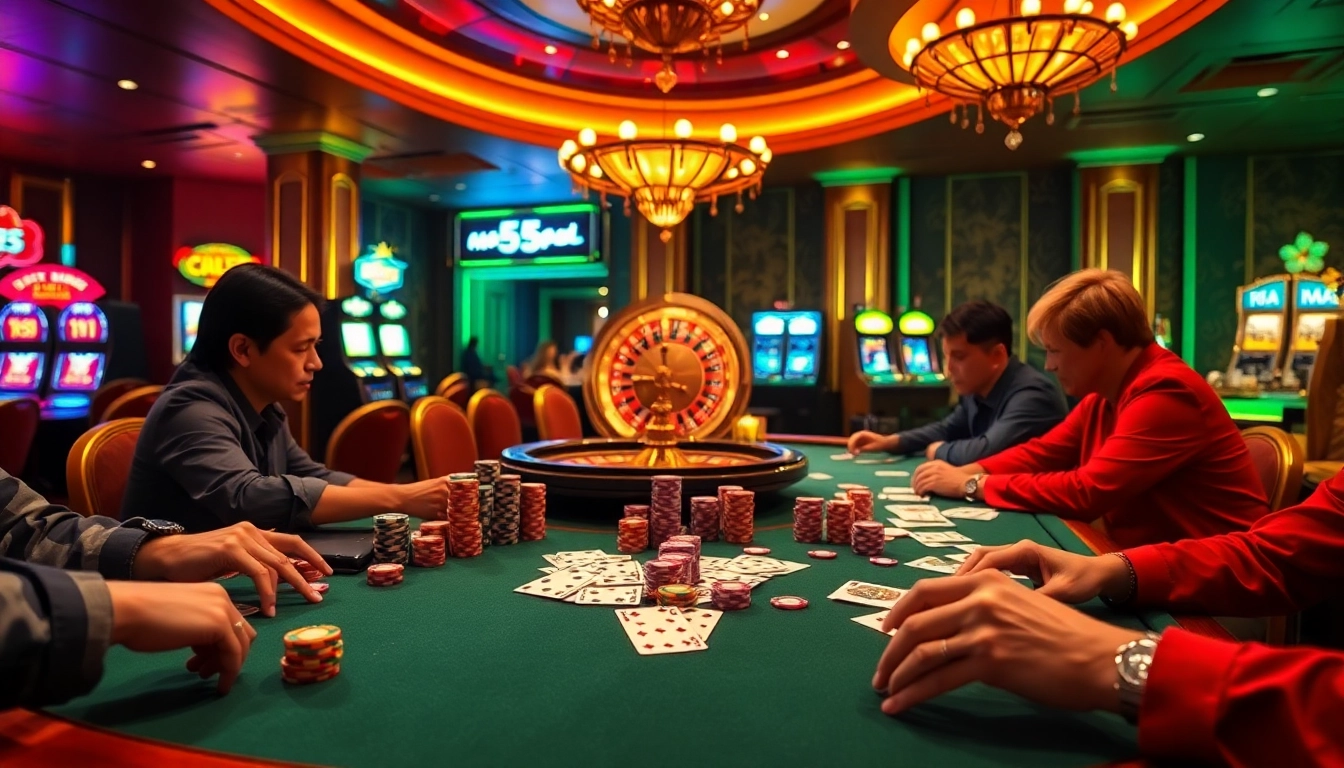 Experience the thrill of Super59 daftar with players at a vibrant poker table amidst casino excitement.