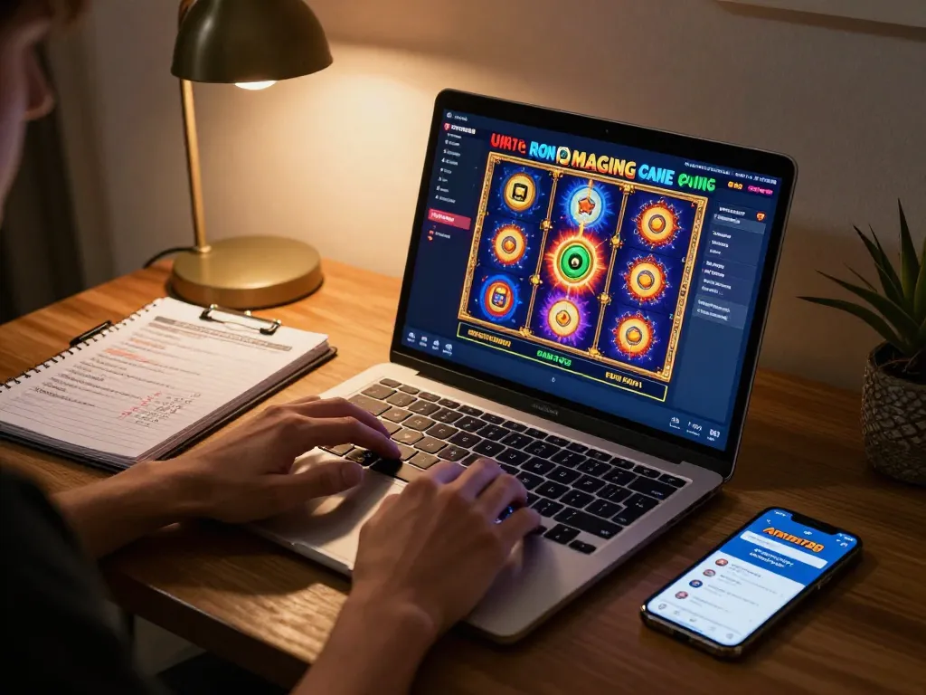 Playing aman788 slot games on a laptop in a cozy home office, showcasing exciting graphics and strategic notes