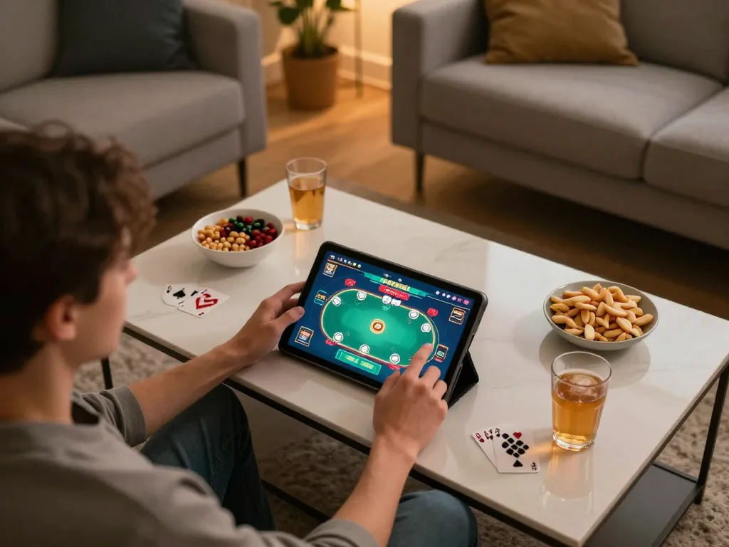 Fabet user engaging in strategic poker gameplay on tablet in a cozy home setting.