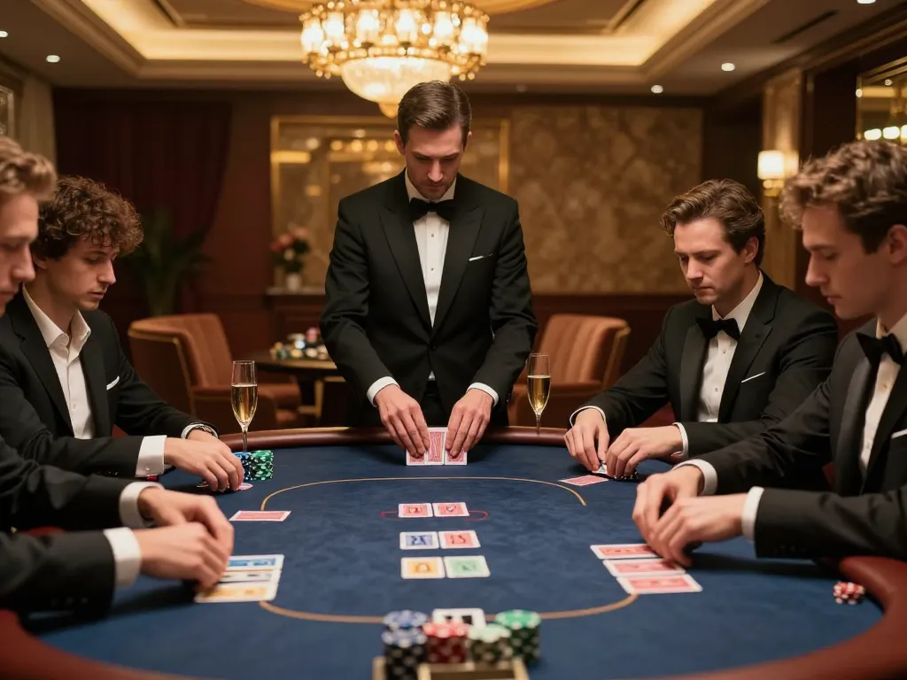 Permainan poker Tempo 123 di ruang kasino VIP mewah dengan pemain dan dealer.