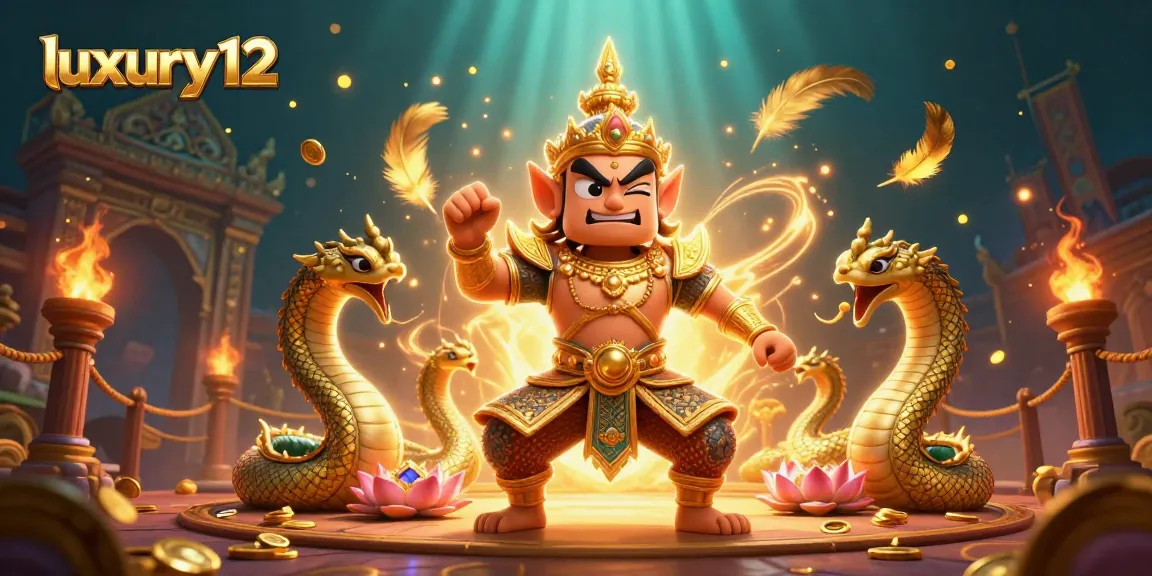 Ikon luxury12 menunjukkan penjaga kuil Thailand dengan naga yang berkilau, mewakili perjudian yang penuh aksi.