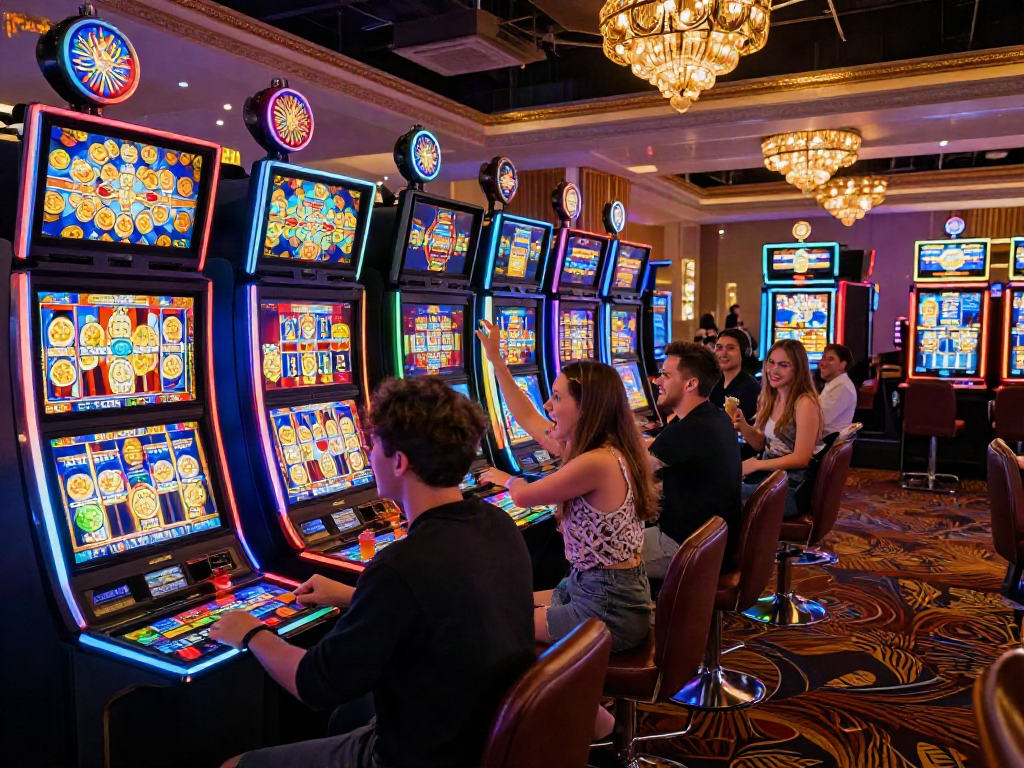Group having fun together at slot machines in a vibrant casino.