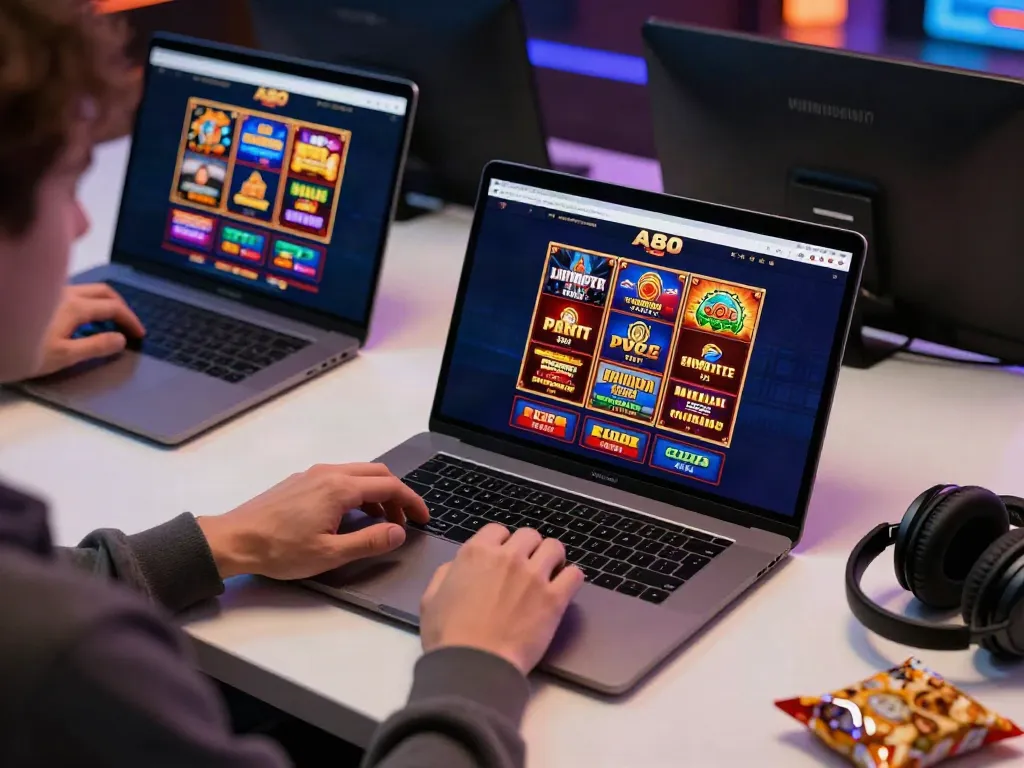A80 gaming platform interface displayed on a laptop with colorful game graphics, cozy gaming accessories, and a stylish workspace.
