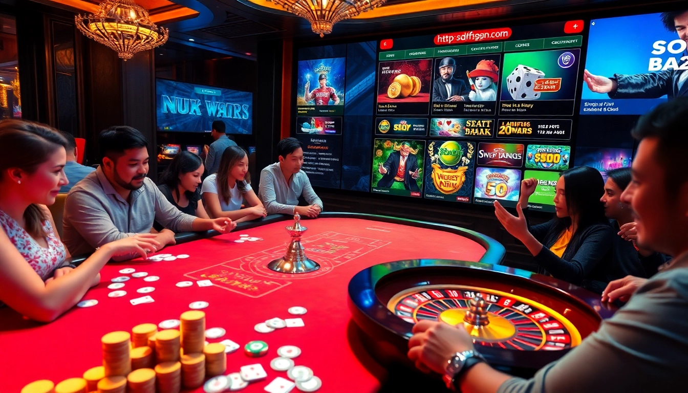Exciting casino scene showcasing players at tables while interacting with features from https://df999.cn.com/ in a luxurious setting.