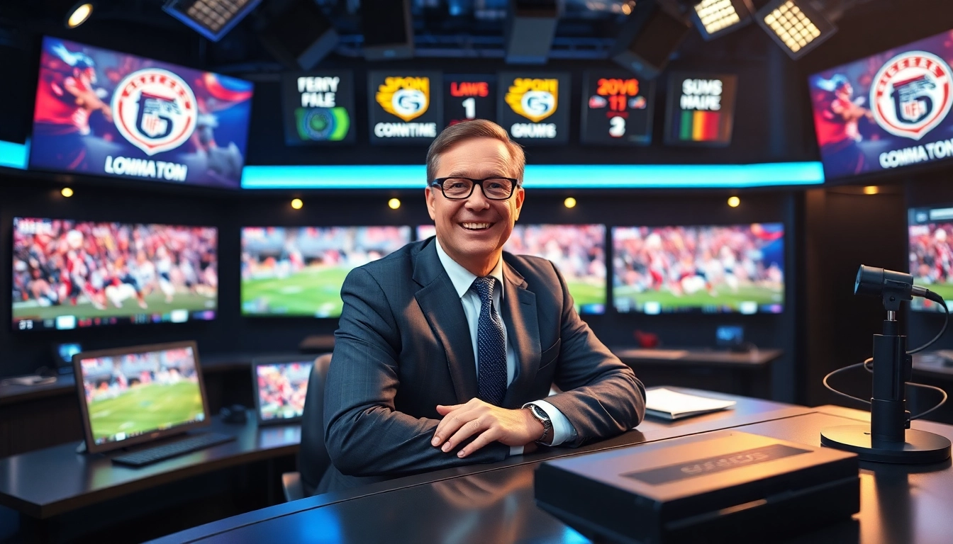 Dynamic sports broadcasting studio capturing live events with energy and excitement.