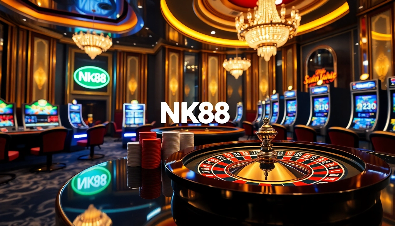 NK88 branding highlighted in a luxurious casino setting with roulette, poker chips, and slot machines.