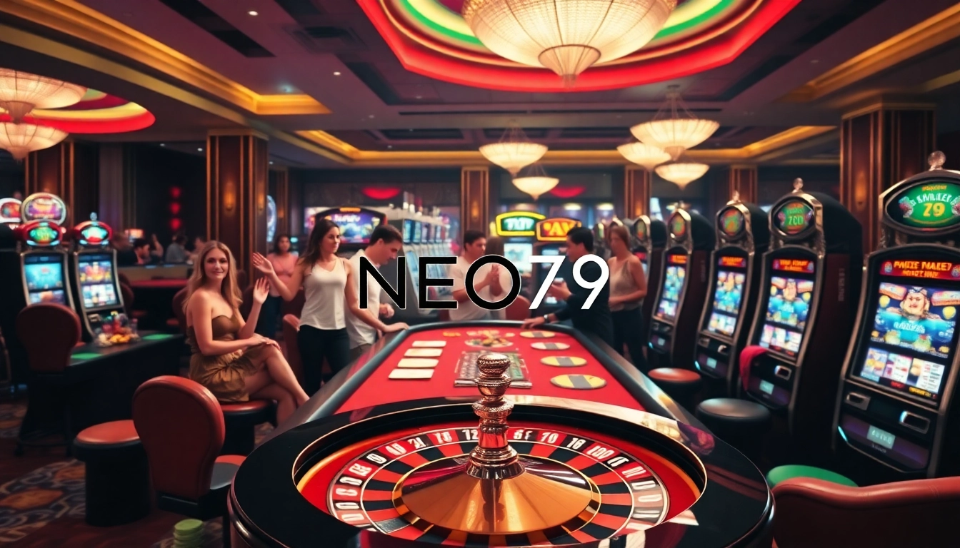 Experience the luxury of gambling at NEO79 Casino with vibrant tables and slot machines.