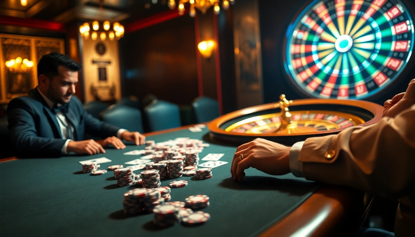 High-stakes poker players at RR88c with chips and roulette in exciting casino ambience.