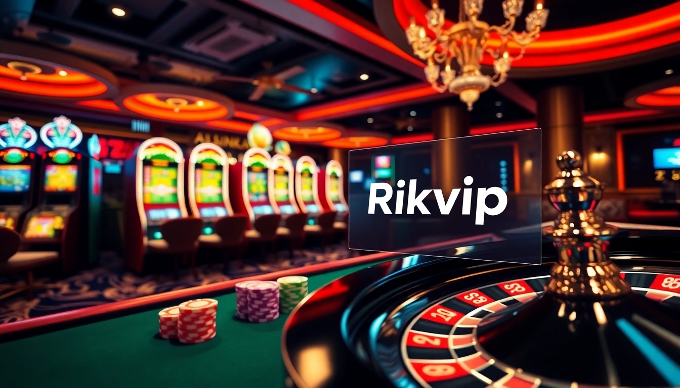 Experience the thrill of gambling at Rikvip with vibrant casino visuals featuring tables and slot machines.