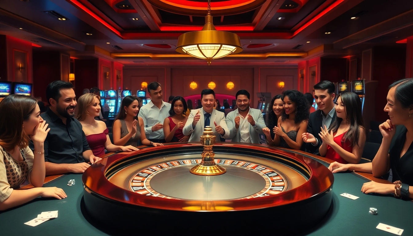 SODO66 casino scene with players engaging around a roulette table, showcasing excitement and luxury.