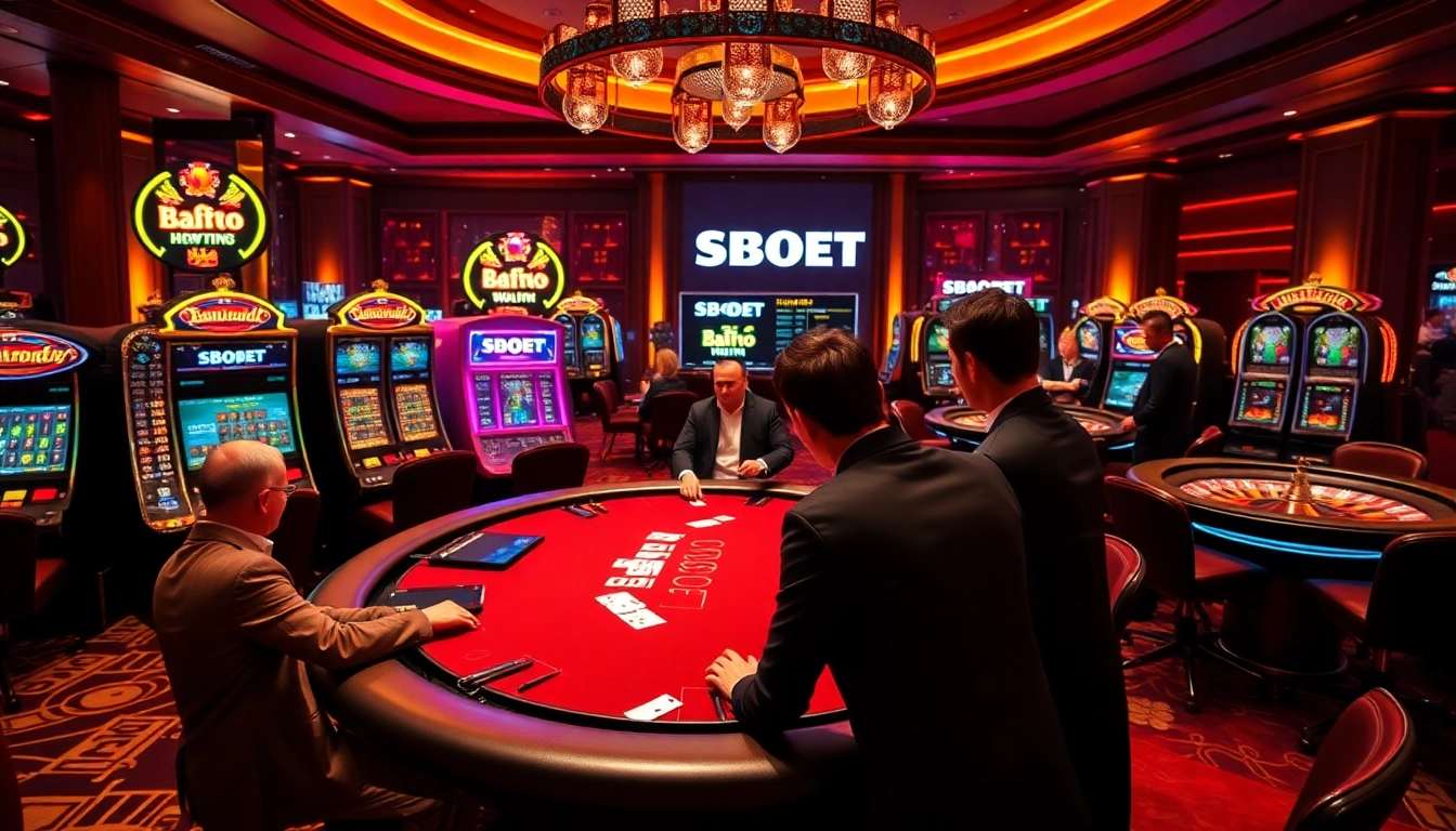 SBOBET poker excitement with live dealers, colorful slot machines, and competitive betting screens.