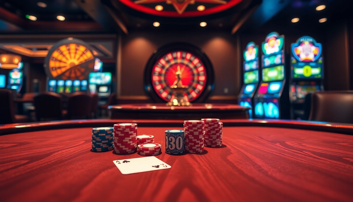 Engaging j88 poker game at a glamorous casino with colorful chips and cards.