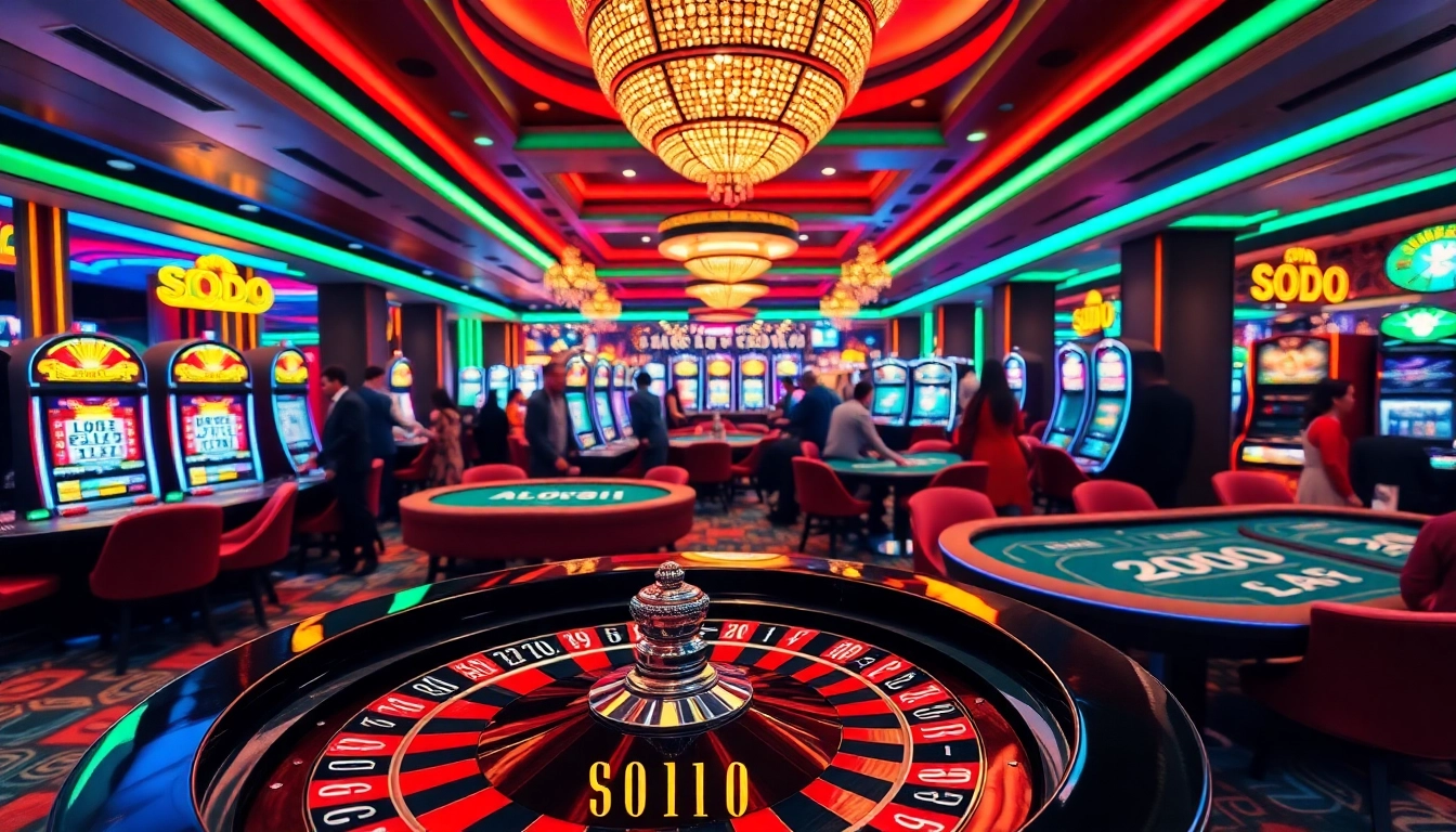 SODO-themed casino scene featuring vibrant roulette wheel and bustling gambling tables.