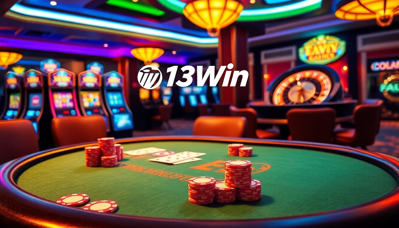 Engage in thrilling action at 13Win's luxurious casino tables with vibrant chips and cards.