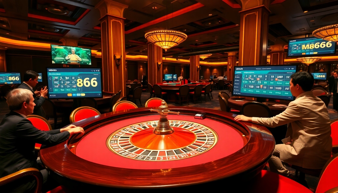 Players enjoying a lively roulette game at MB66 Casino, showcasing excitement and luxury.
