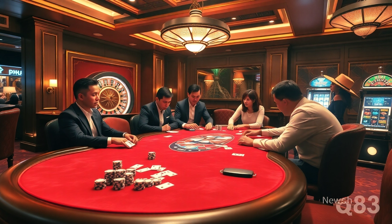 Engaged players at a qh88 poker table in a luxurious casino setting.