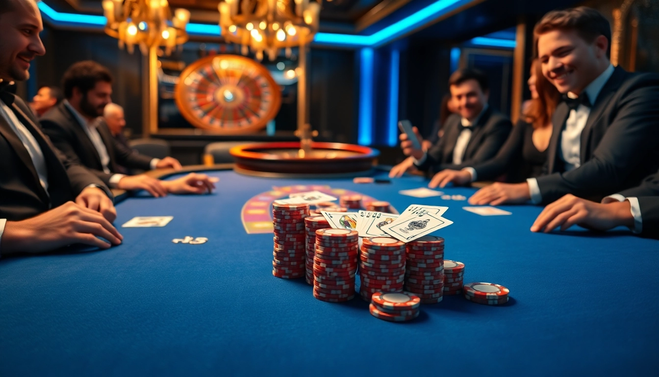A thrilling moment at the ph365 blue edition poker table, showcasing high-stakes action with colorful chips and elegant players.