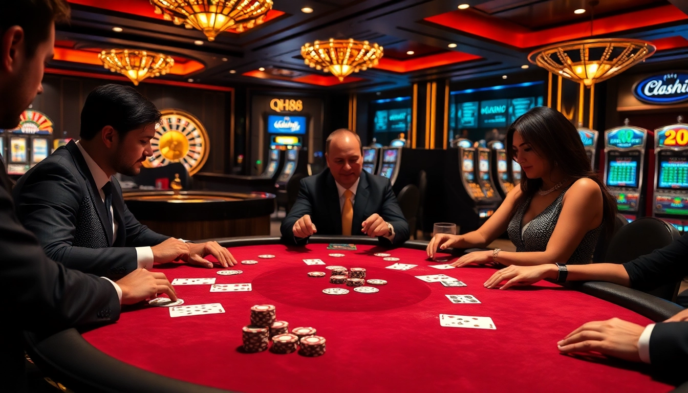 High-stakes poker table at qh88 casino with sparkling chips and elegant gameplay.