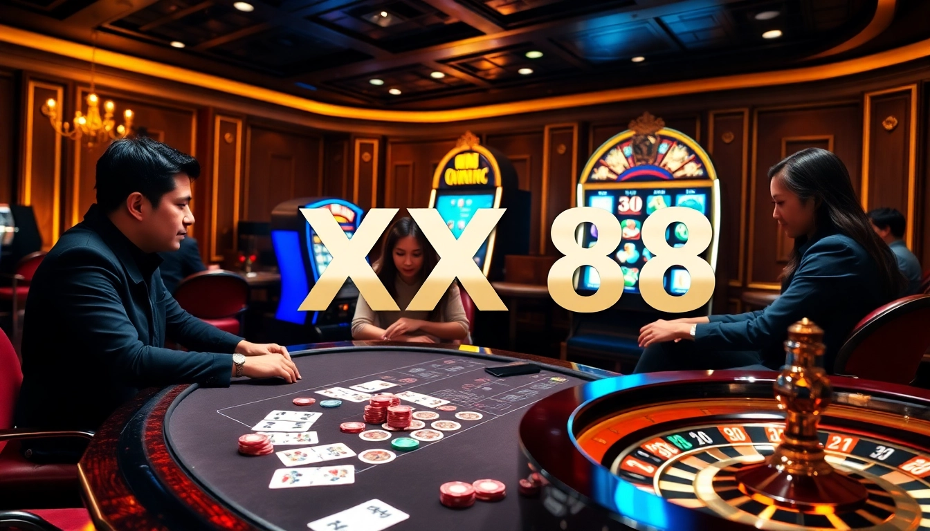 Engaging gamblers at an opulent casino scene representing XX 88, featuring poker and slot machines.