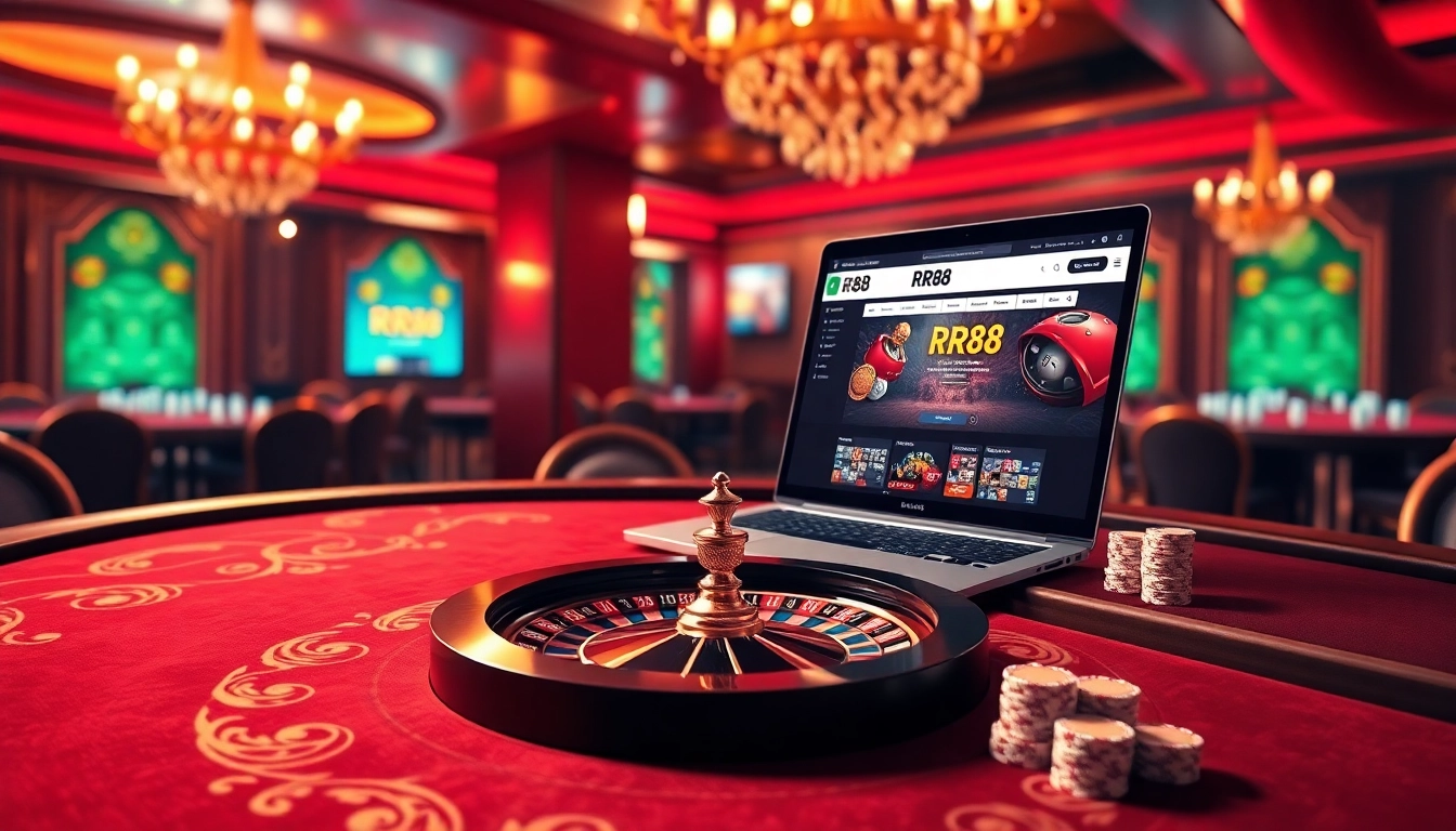 Experience the thrill of online gambling at https://rr88.auction/ with elegant casino tables and vibrant poker chips.