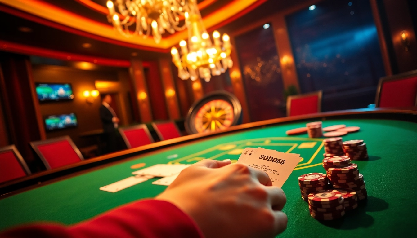 Experience the thrilling gameplay atmosphere at SODO66 casino with chips, cards, and excitement.