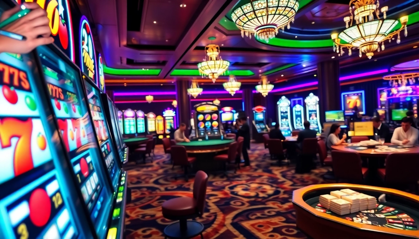 Experience tg88 đăng nhập excitement as players engage with vibrant slot machines in a luxury casino.