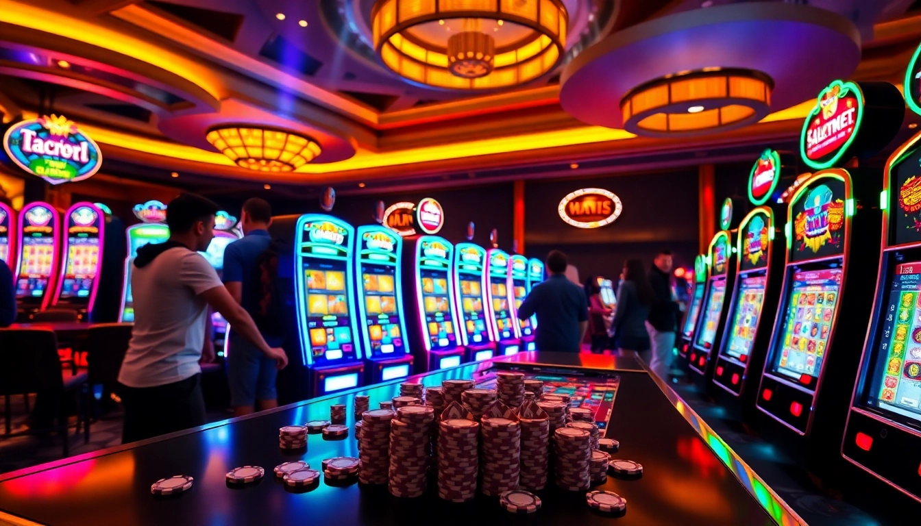 Players experiencing the thrill of slot machines in a vibrant casino environment, focusing on winning.