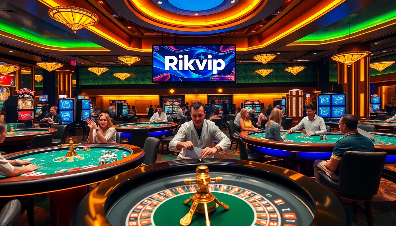 Gamblers enjoying a high-stakes game at Rikvip, showcasing poker chips and vibrant casino tables.