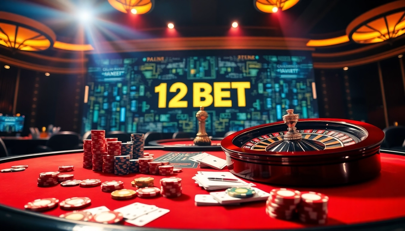 Experience the excitement of gambling with 12BET's vibrant casino scene featuring poker chips and roulette.