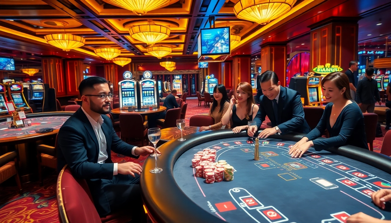 Nc88 players celebrating a win at a luxurious casino, featuring vibrant tables and slot machines.