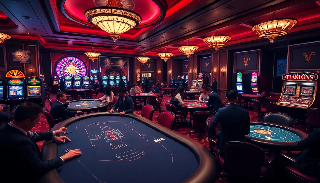 Engaging casino scene highlighting nhà cái xx88 with poker action and vibrant slot machines.