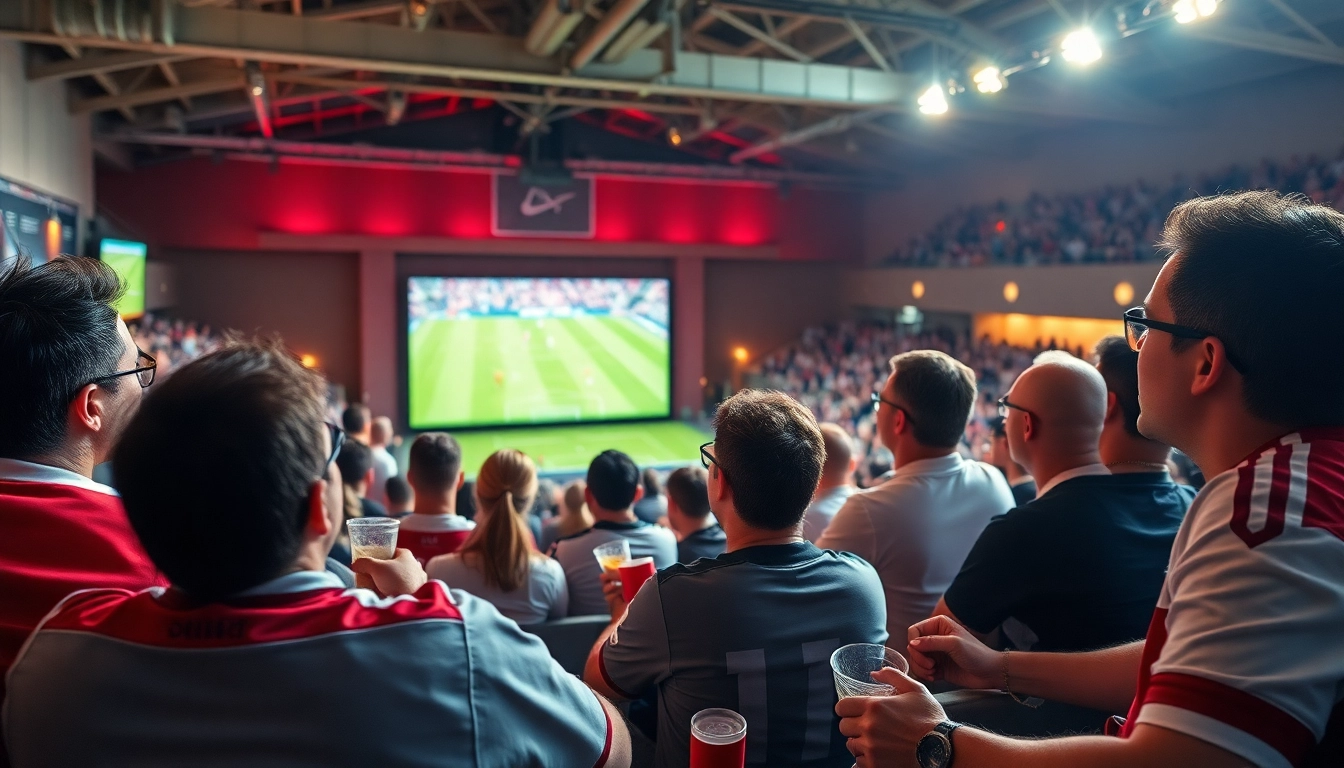 Xoilac TV fans enjoying a live soccer match in a vibrant sports bar atmosphere.