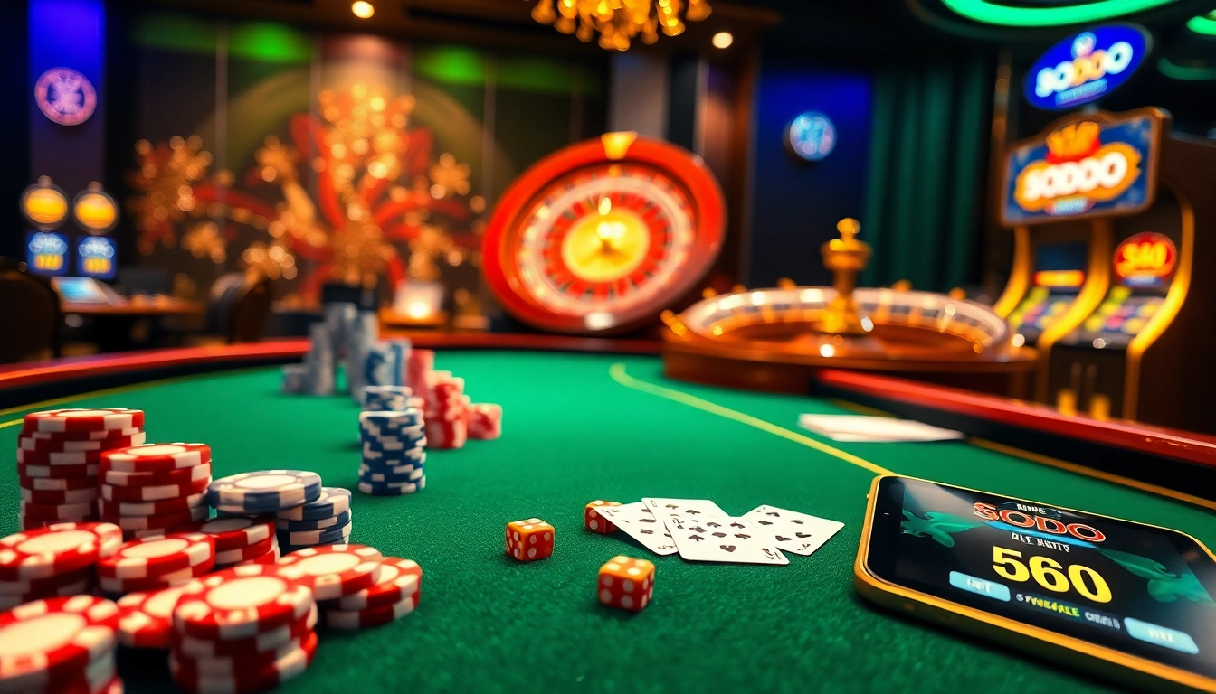 SODO casino scene showcasing high-stakes poker chips and a roulette wheel creating an exciting gambling atmosphere.