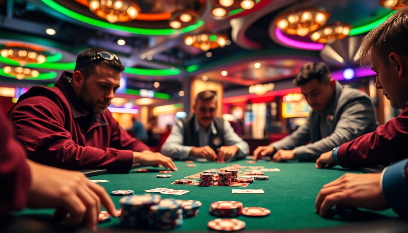 Permainan poker88 yang menegangkan di kasino dengan pemain berfokus dan suasana penuh warna.