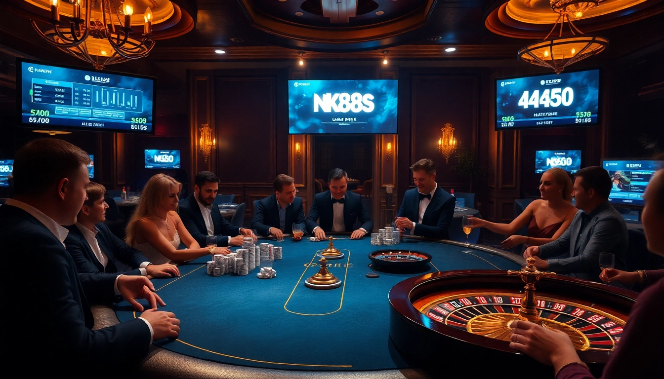 Engaging poker players at a luxurious casino table emphasizing https://nk88s.com/ high-stakes excitement and thrilling action.