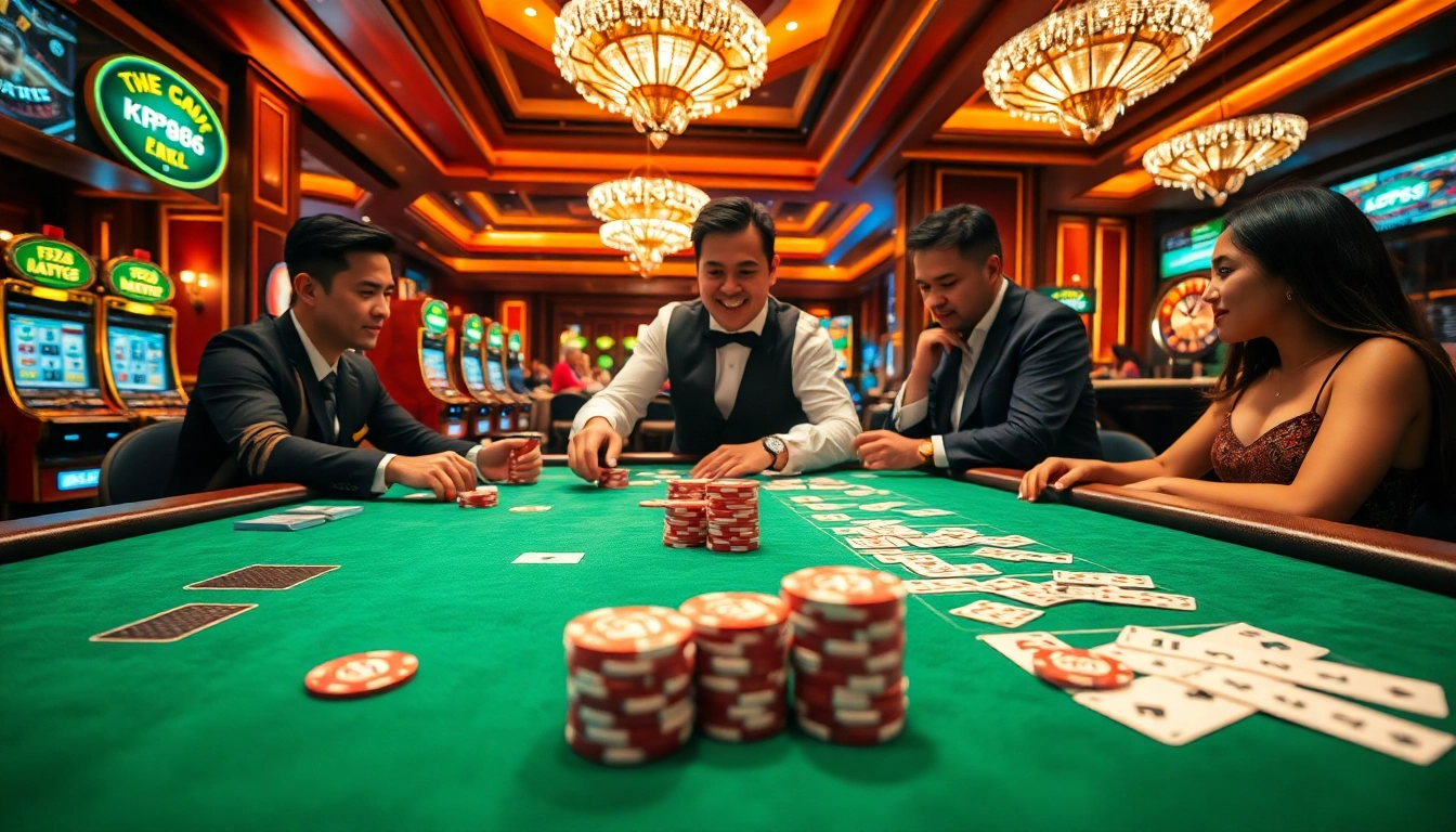 Experience thrilling gameplay at KP88 with a professional poker table and vibrant slot machines.