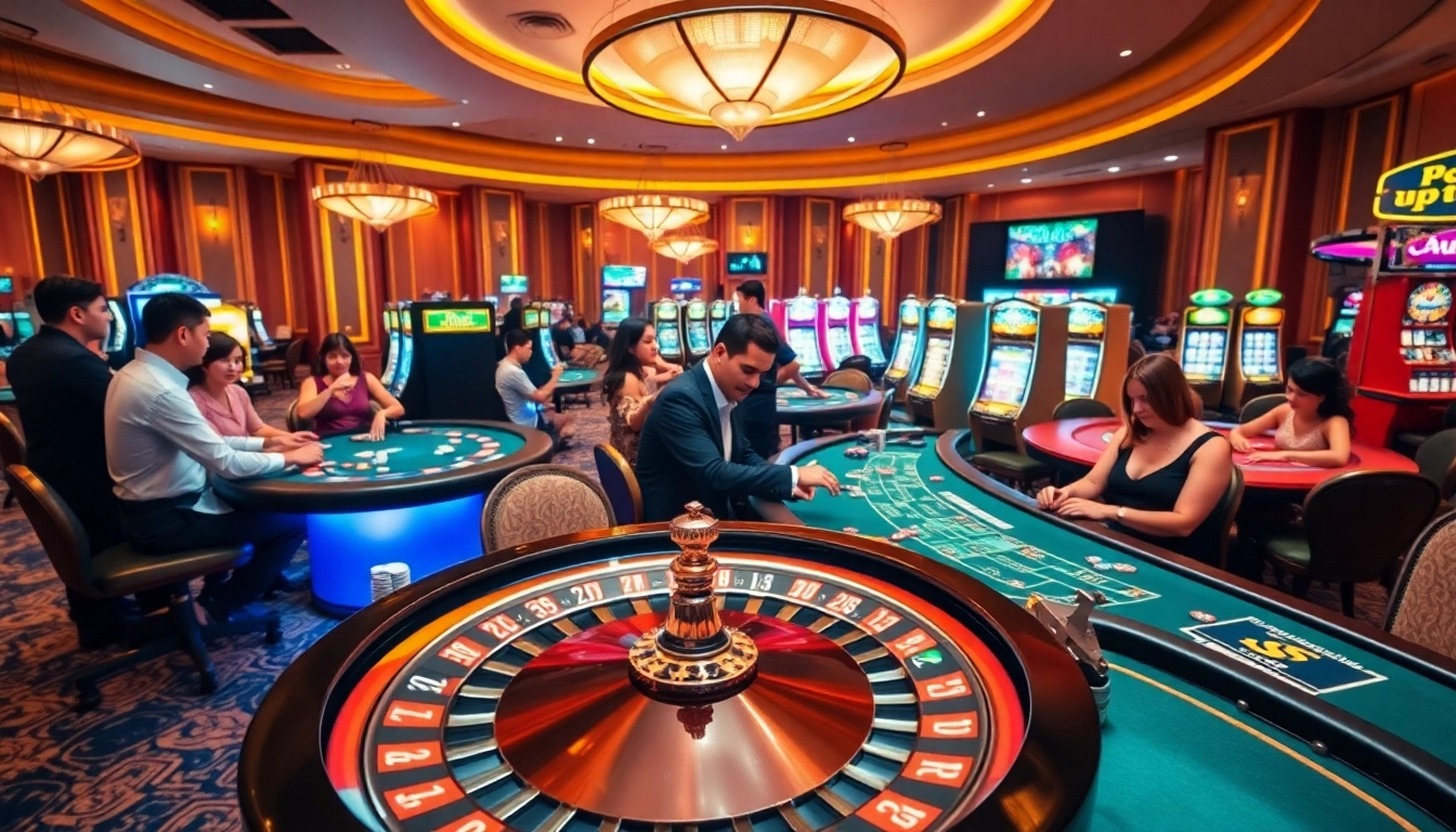 Dynamic gameplay at F8BET casino, showcasing poker tables, roulette wheel, and vibrant players.