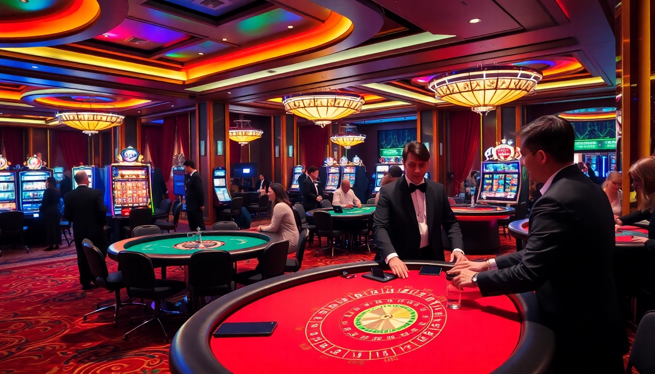 B29 casino vibrant atmosphere with luxurious game tables and engaging players.