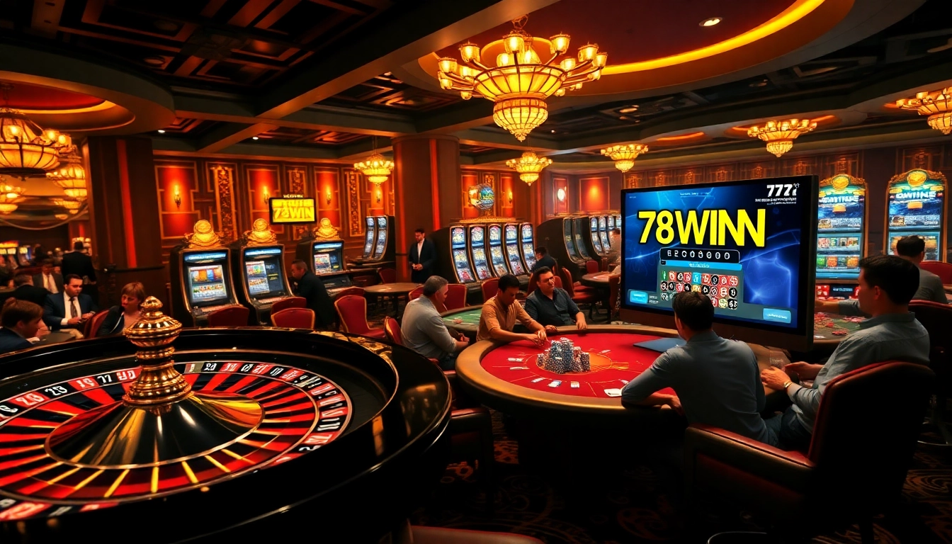 Exciting casino scene featuring players at 78WIN poker tables and vibrant slot machines.